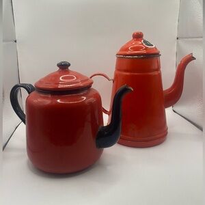 Vintage Red Enamel Teapot Set Elite Czechoslovakia Mid Century Coffee Tea Pots